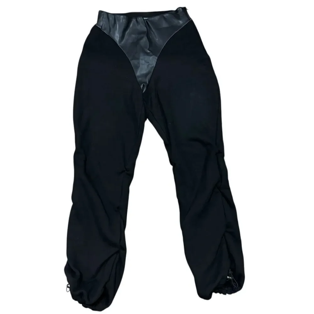 Maniere De Voir Black Jogger Faux Leather Trim Pants with Drawstring Ankle SZ 10